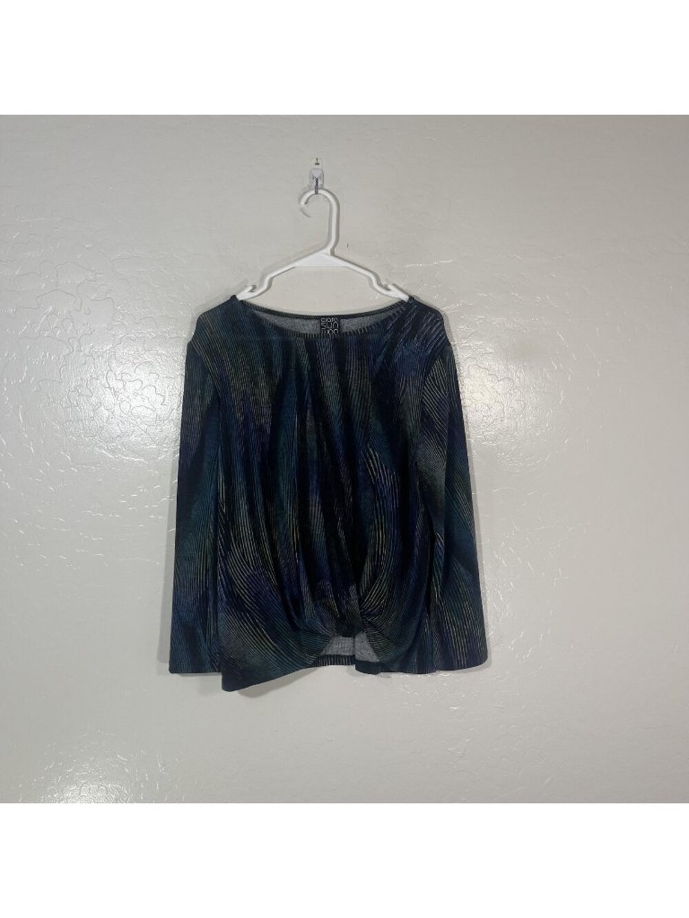 Clara Sun Woo Blouse Womens Medium Blue Stripe Twist Front Long Sleeve Knit Top